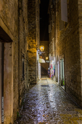 Evening view of an alley in the old town in Budva  Montenegro