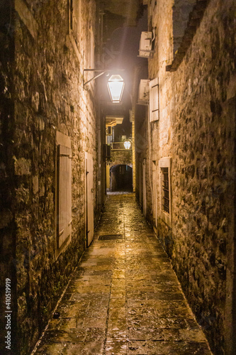 Evening view of an alley in the old town in Budva  Montenegro