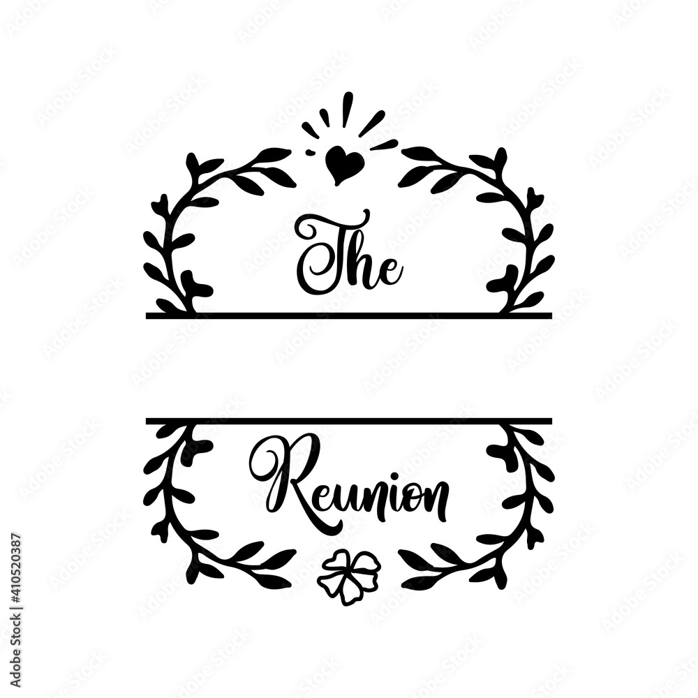 Family reunion monogram frame with floral decorations and heart. Elegant calligraphic emblem. Silhouette line art label design. Stock vector. Family reunion monogram frame with floral decorations and heart. Elegant calligraphic emblem. Silhouette line art label design. Stock vector.