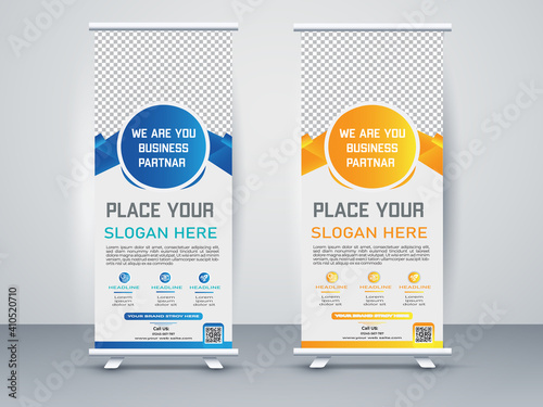 Corporate Roll Up banner design template. standee and billboard Vector illustration	