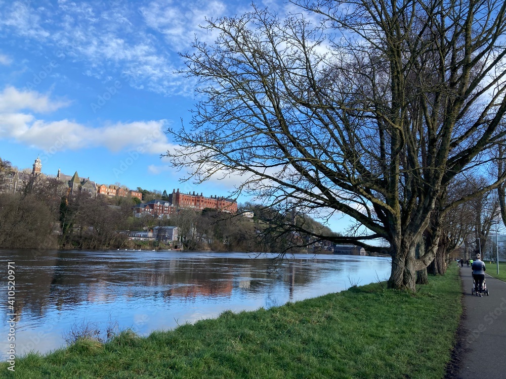 Fototapeta premium Beautiful scenery with houses, trees, grass, bridges along the river on a sunny day with blue sky