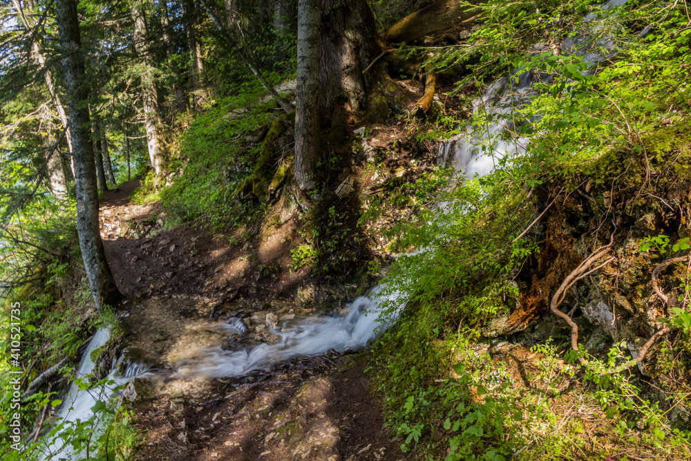 Waterfall and a hiking trail around Crno jezero lake in Durmitor mountains, Montenegro Waterfall and a hiking trail around Crno jezero lake in Durmitor mountains, Montenegro
