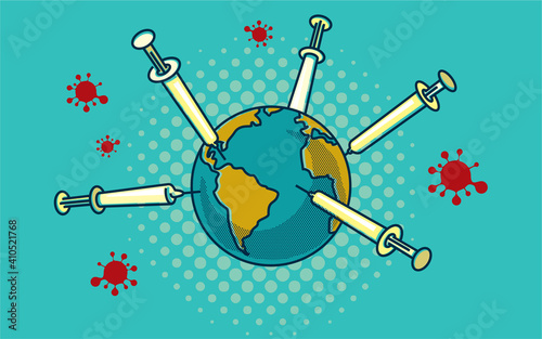 World vaccination vector banner. COVID-19 Coronavirus vaccine syringes needles are injected around planet Earth.