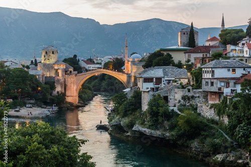 Evening view of Stari most (Old Bridge) in Mostar. Bosnia and Herzegovina