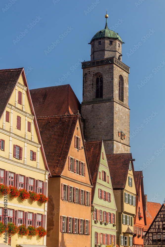 Medieval houses and St Georg church tower in Dinkelsbuhl, Bavaria state, Germany