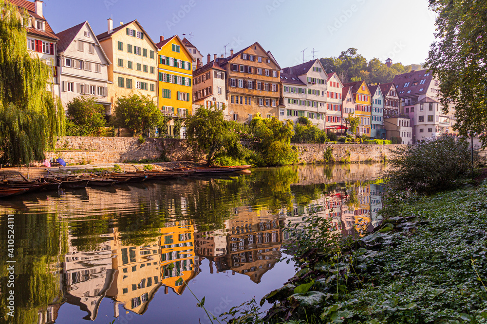 Houses reflecting in Neckar river in Tubingen, Germany