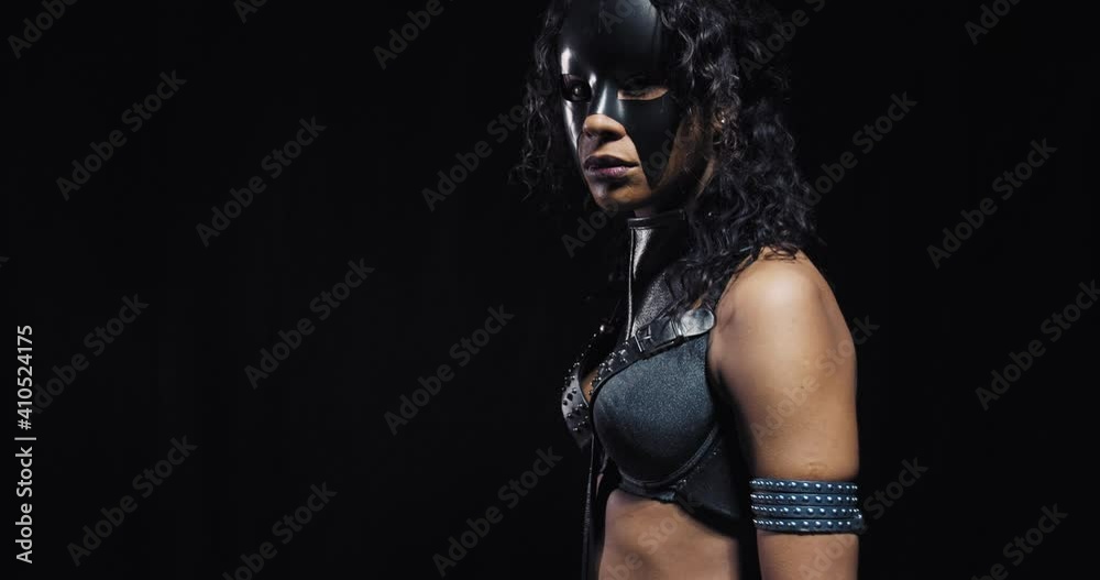 Profile of a young strong black woman, cosplay of catwoman, mask, superhero, 4k