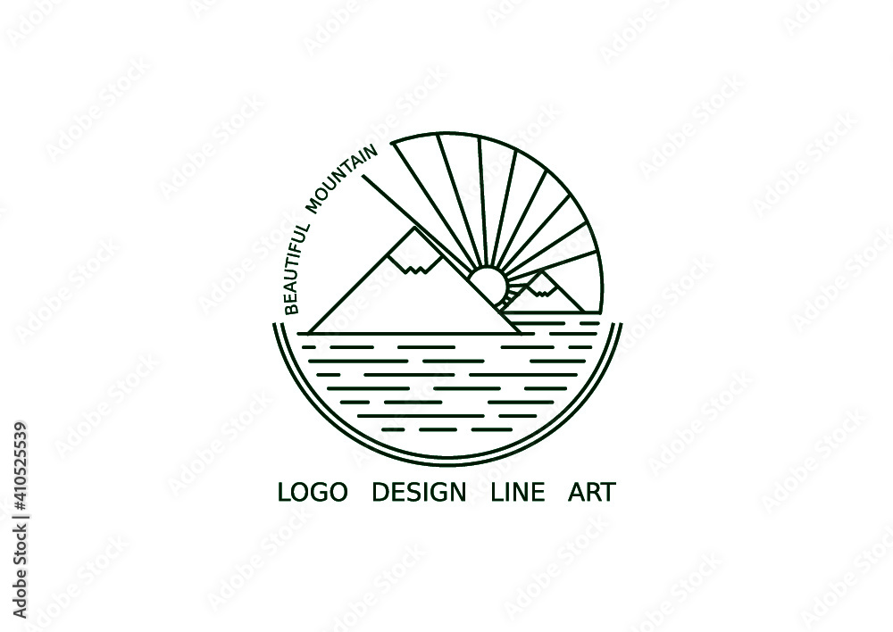 a logo design line art in the form of mountains, sun, sea and words. a logo design line art in the form of mountains, sun, sea and words.