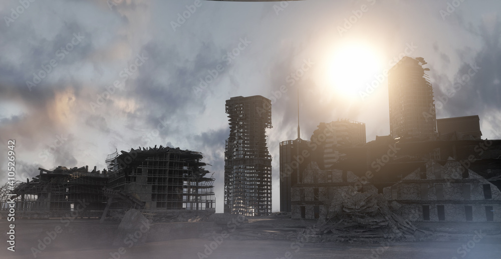 destroyed post-apocalyptic city after war and earthquake render 3d 