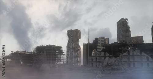 Fotografie destroyed post-apocalyptic city after war and earthquake render 3d
