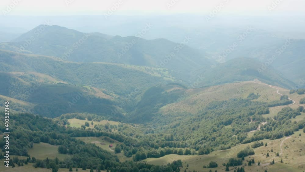 Aerial View of Scenic Misty Valley Under Mountain Hills in Countryside of Serbia on Summer Season, Drone Shot Aerial View of Scenic Misty Valley Under Mountain Hills in Countryside of Serbia on Summer Season, Drone Shot