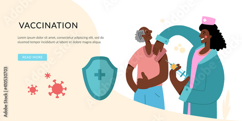 People vaccination concept for immunity health. Coronavirus infection treatment. Landing page template. Flat concept for web design. Doctor makes an injection of flu vaccine to a man.