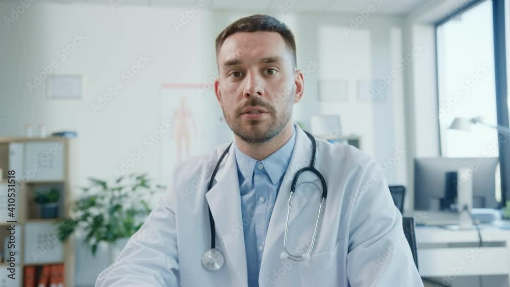 Web Doctor's Online Medical Consultation: Caucasian Male Physician is Making Conference Video Call with a Patient. Health Care Specialist Giving Advice, Explain Test Results. POV Point of View Shot Web Doctor's Online Medical Consultation: Caucasian Male Physician is Making Conference Video Call with a Patient. Health Care Specialist Giving Advice, Explain Test Results. POV Point of View Shot