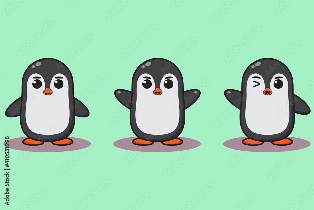Fototapeta premium Vector illustration of cute baby penguin cartoon. Cute Penguin expression character design bundle. Good for icon, logo, label, sticker, clipart.