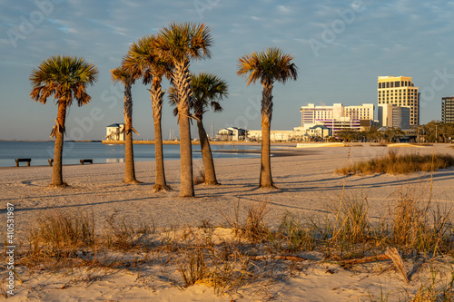 Hotels, casino, marinas and palm trees along the sandy Gulf Coast, Biloxi, Mississippi