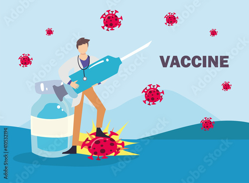 doctor man holding covid 19 virus vaccine injection and jar vector design