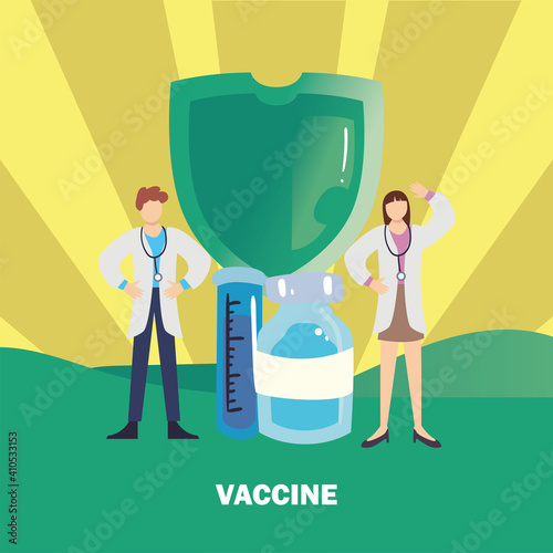 doctors with covid 19 virus vaccine jar tube and shield vector design