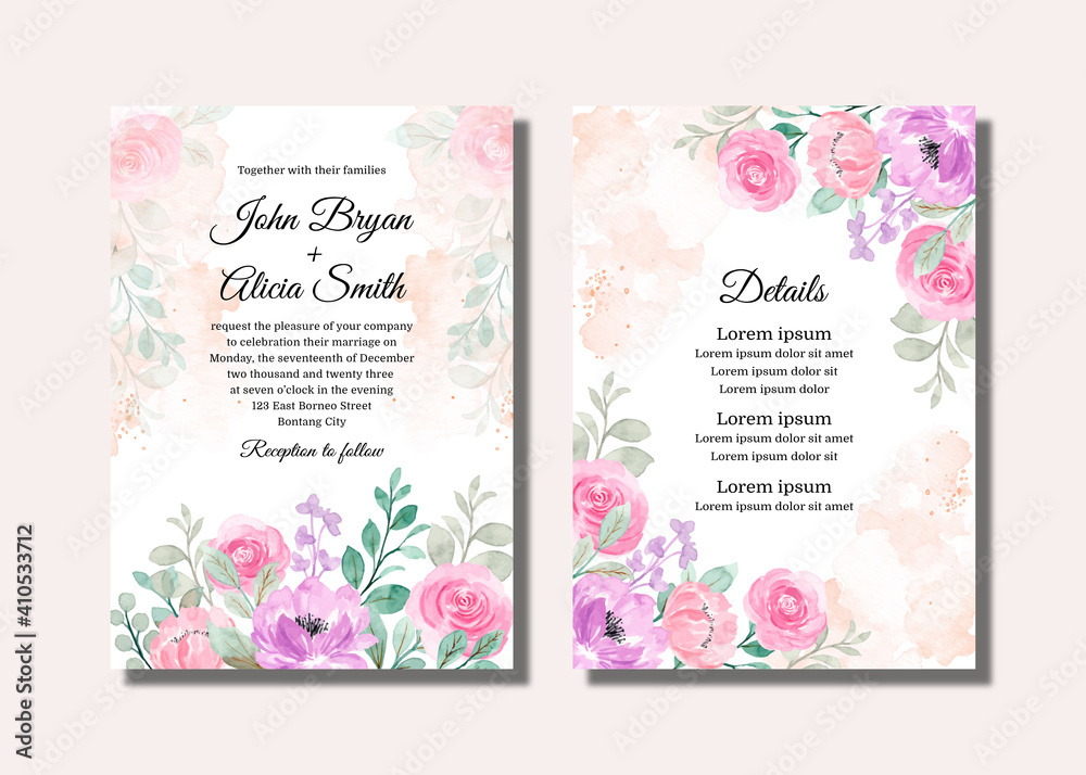 Wedding invitation card with soft pink purple watercolor floral