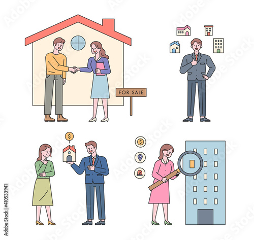 Collection of real estate characters. People are looking for a house contract, a property introduction, an explanation, and a magnifying glass.