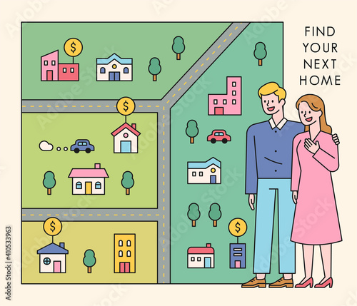 A couple is looking for a house. A couple is standing and a map is spread out to the side.