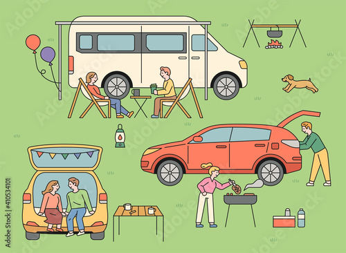 People who enjoy auto camping. Outdoors, people are camping in vans and cars. 