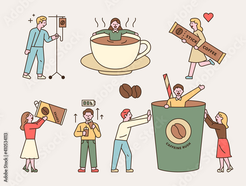 People addicted to coffee caffeine. Someone who falls into a cup, a person is hit by Ringer, a person drinks with a large can, someone pops out of a cup, someone carries a stick coffee