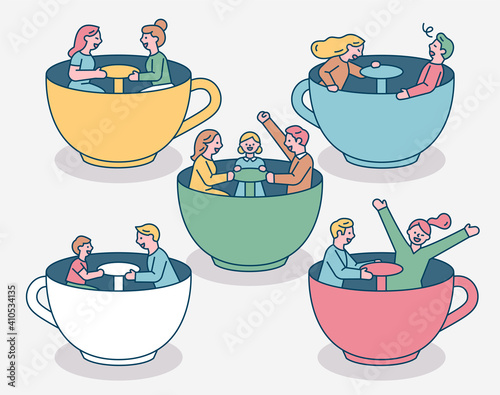 People are riding tea cups in an amusement park. The family and couple are having fun sitting in tea cups. flat design style minimal vector illustration.