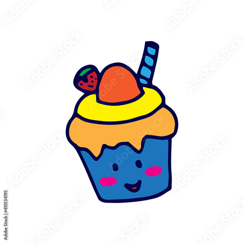 colorful cupcake vector illustration on white background. cupcake icon with eyes and smiley face. happy emoticon. hand drawn vector. doodle for kids, wallpaper, logo, poster, advert, clipart, sticker.
