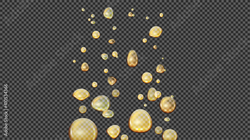 Cannabis oil gold bubbles, realistic vector effect. Oil drops in water, lava lamp effect