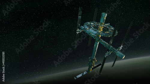 Fototapeta Naklejka Na Ścianę i Meble -  3d illustration of a space station in orbit.