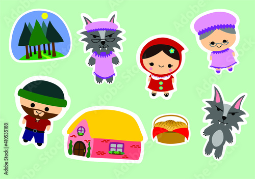 Sticker template - little red riding hood characters, grandmother's house, forest and basket.