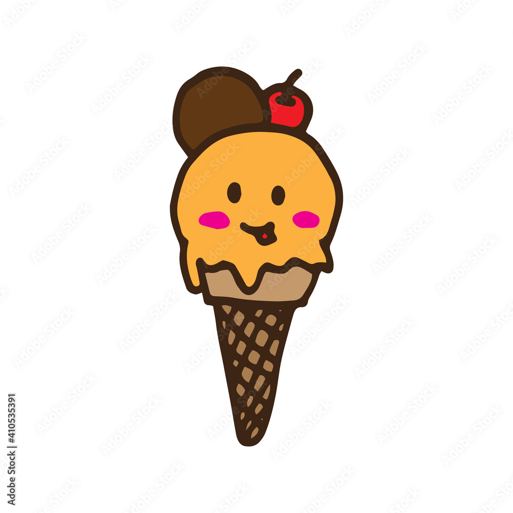 ice cream cone vector illustration on white background. ice cream cone with cherry and orange flavor. happy emoticon, eyes and smiley face. hand drawn vector. doodle for kids, logo, label, advert. ice cream cone vector illustration on white background. ice cream cone with cherry and orange flavor. happy emoticon, eyes and smiley face. hand drawn vector. doodle for kids, logo, label, advert.