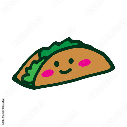 taco vector illustration on white background. taco icon with eyes and smiley face. cute kawaii character. hand drawn vector. doodle food for kids, wallpaper, sticker, clipart, logo, label, advertising