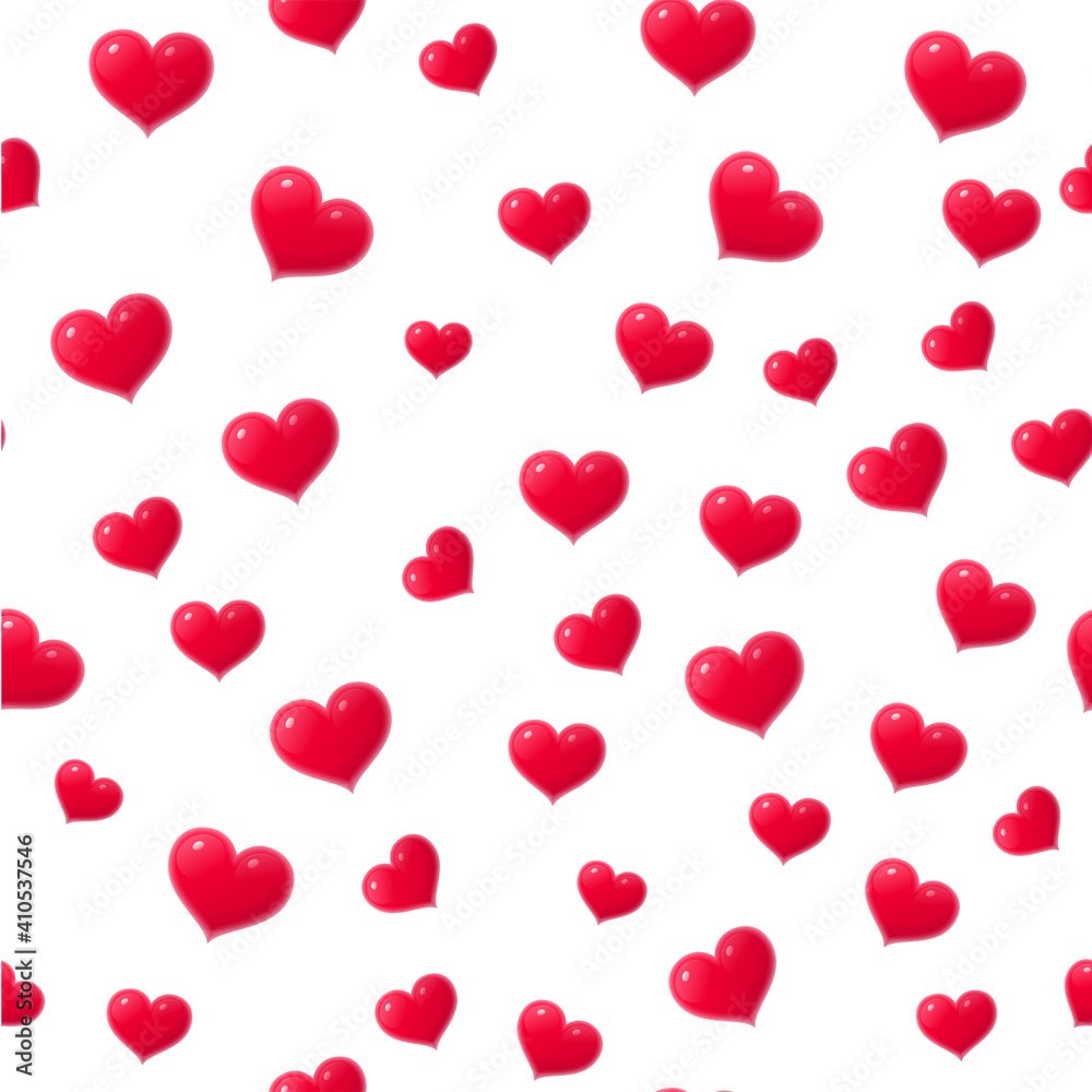 Seamless pattern with red glossy hearts. Valentines Day, card, wedding invitation element. Repeating print can be used for backdrop, wallpaper, packaging, textile romantic design vector illustration