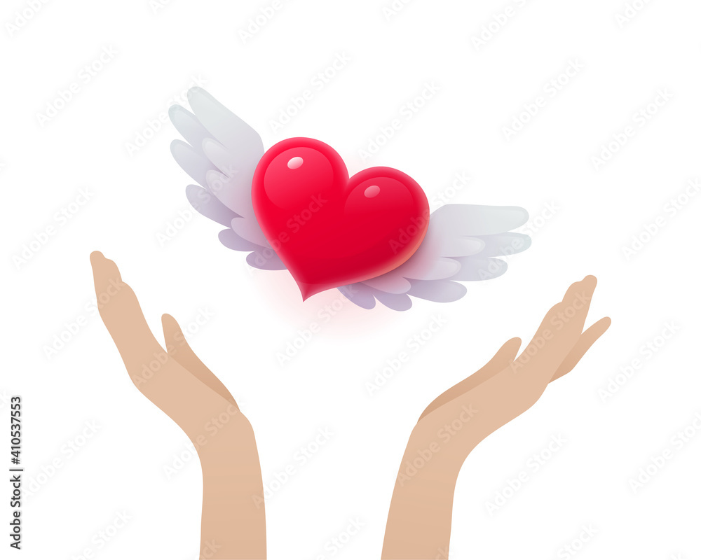 Female hands releasing red heart with wings. Romantic love concept. Wedding and Valentines Day symbol realistic vector illustration isolated on white background Female hands releasing red heart with wings. Romantic love concept. Wedding and Valentines Day symbol realistic vector illustration isolated on white background