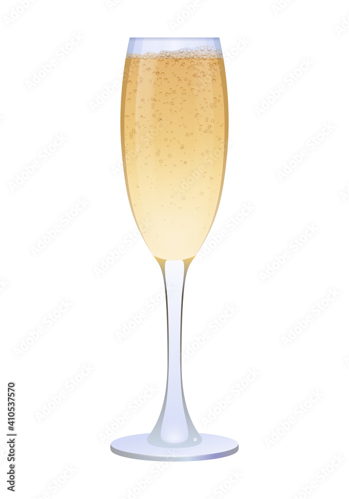 Realistic glossy transparent glass of champagne. Alcohol beverage in glassware. Happy holidays symbol vector illustration isolated on white background. Realistic glossy transparent glass of champagne. Alcohol beverage in glassware. Happy holidays symbol vector illustration isolated on white background.