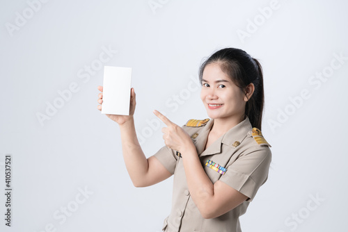 Thai teachers in official uniform holding mockup paper box