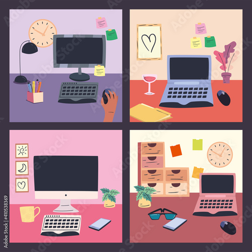 workplace desks set vector design