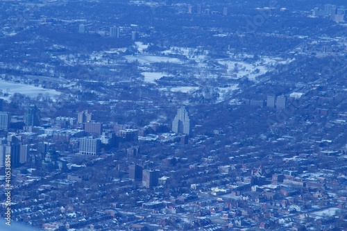 Aerial view of city covered in snow, Seattle, USA