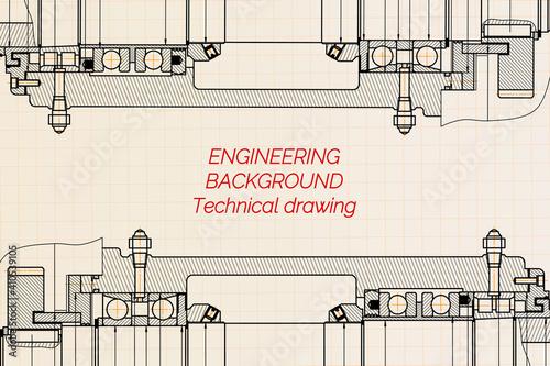 Mechanical engineering drawings on light background. Milling machine spindle. Technical Design. Cover. Blueprint