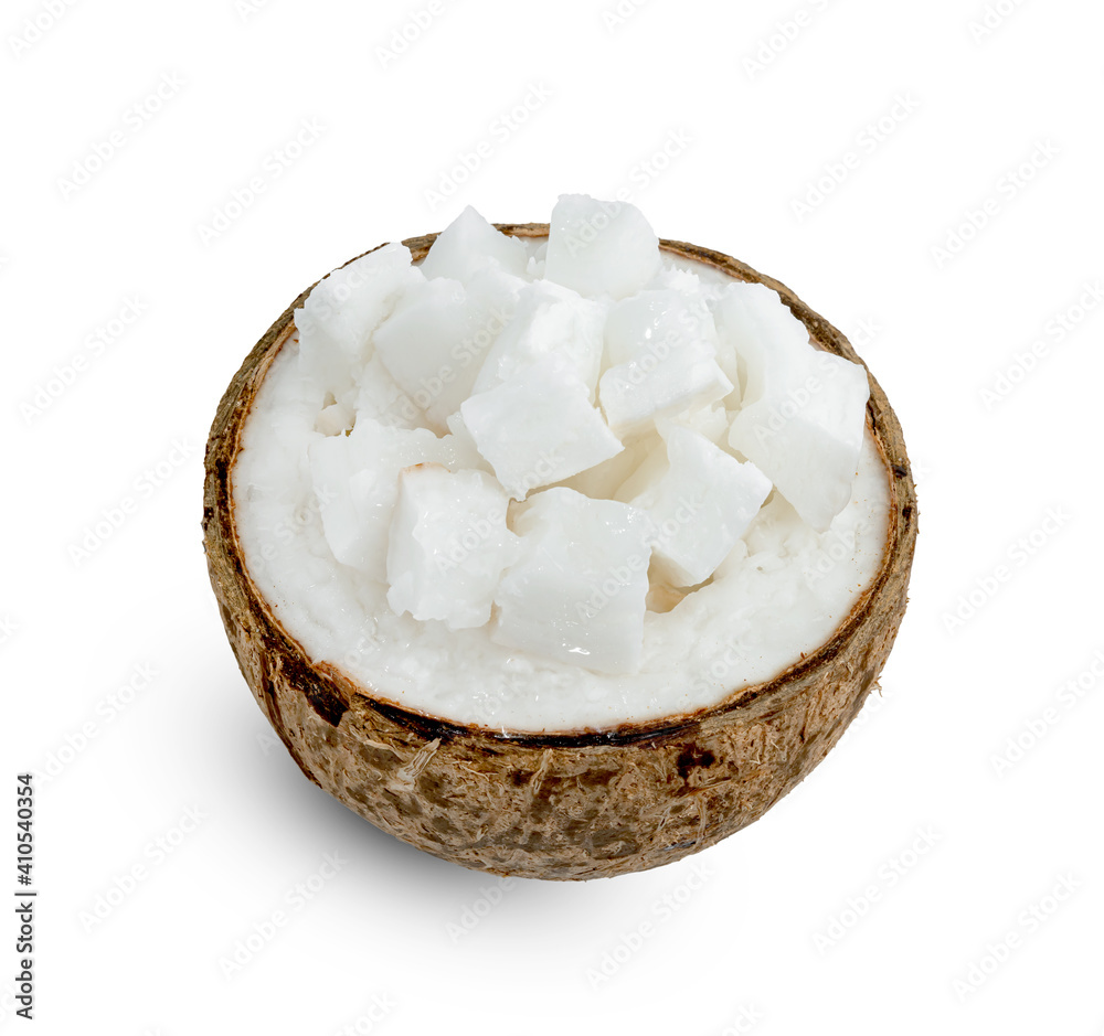Coconut milk tropical fruit or fluffy coconut chopped isolated on white background Coconut milk tropical fruit or fluffy coconut chopped isolated on white background