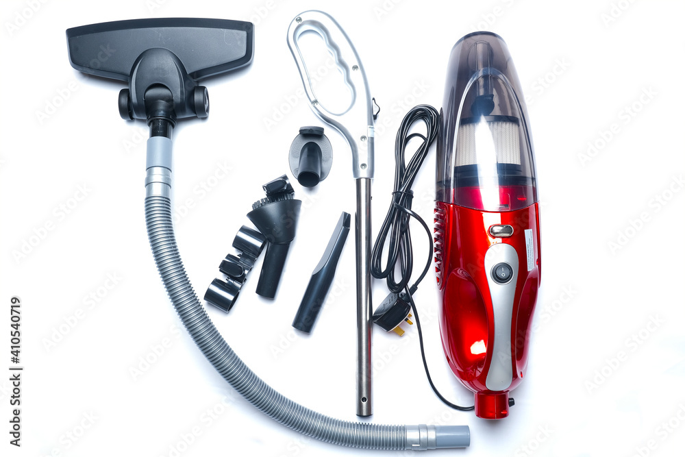 Flatlay picture of red 2 in 1 push-rod Type 800W Portable handheld vacuum household cleaner with the accessories on white background.