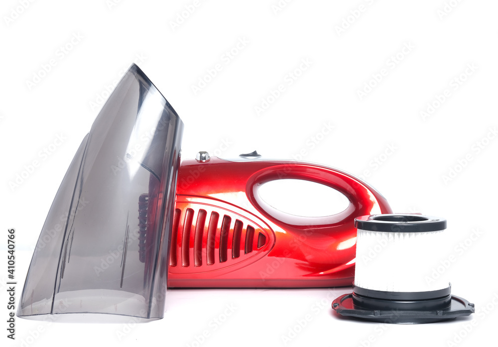 A picture of 2 in 1 red push-rod Type 800W Portable handheld vacuum household cleaner been dismantle on white background A picture of 2 in 1 red push-rod Type 800W Portable handheld vacuum household cleaner been dismantle on white background