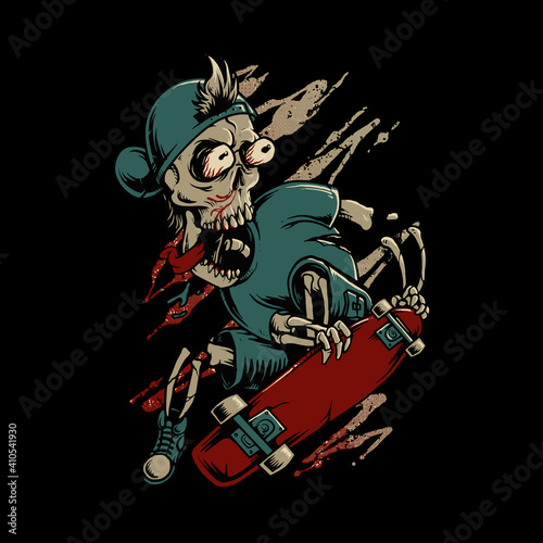 Skeleton skateboarding horror graphic illustration vector art t-shirt design