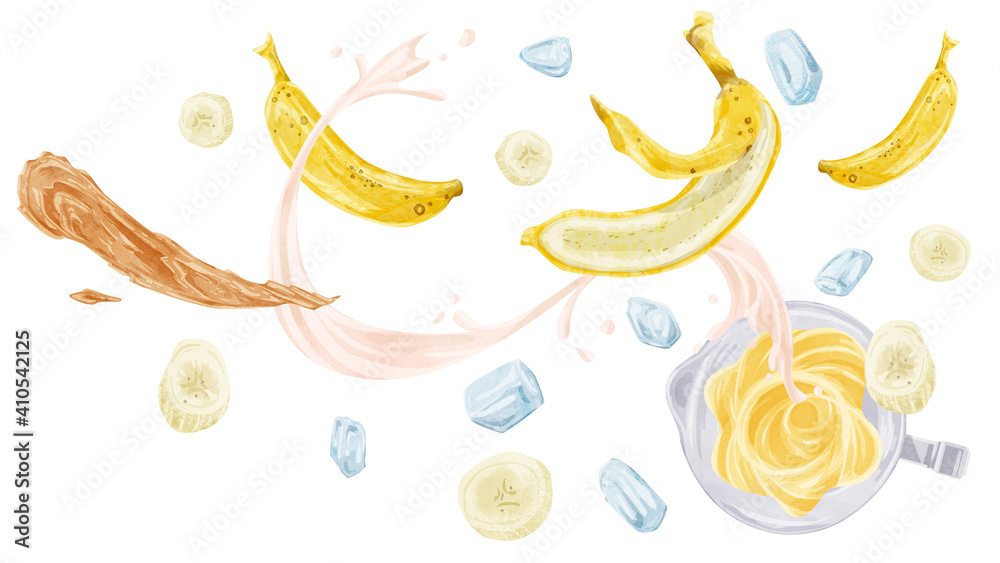 バナナスムージの材料手描き水彩風イラスト バナナスムージの材料手描き水彩風イラスト