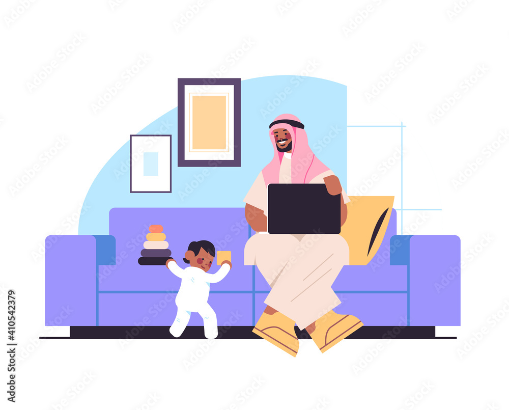 arab father playing with little son and using laptop fatherhood parenting concept dad spending time with his kid at home living room interior full length horizontal vector illustration