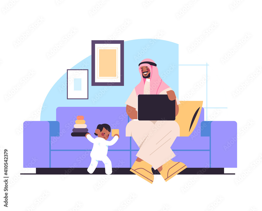 Fototapeta premium arab father playing with little son and using laptop fatherhood parenting concept dad spending time with his kid at home living room interior full length horizontal vector illustration