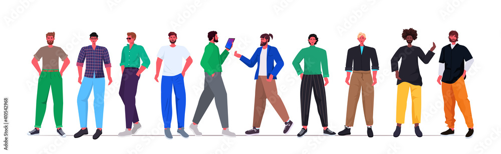 set mix race young men in casual trendy clothes standing together male cartoon characters full length horizontal vector illustration