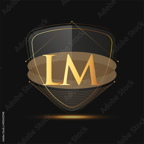 Initial logo letter LM with shield Icon golden color isolated on dark background, logotype design for company identity.