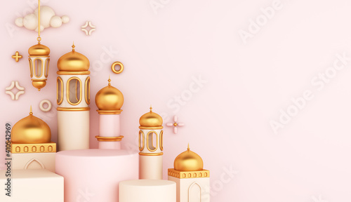 Islamic display podium decoration background with mosque, lantern, crescent cartoon style, ramadan kareem, mawlid, iftar, isra miraj, eid al fitr adha, muharram, copy space text, 3D illustration.